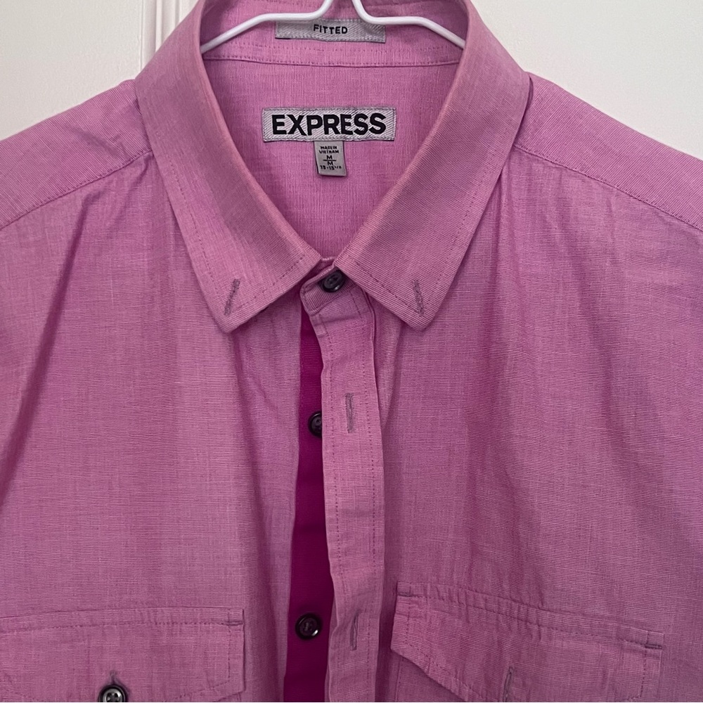 Mens Express Fitted Button Down Dress shirt Medium Pink Casual